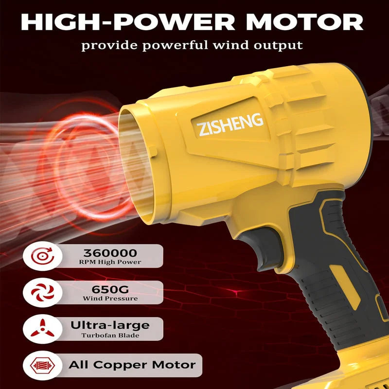 Close-up of handheld storm machine showing high-power motor, airflow blast, and performance specifications.