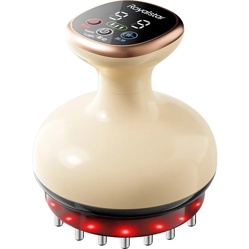 Close-up of rechargeable electric body brush massager with digital control panel, red light therapy base, and meridian brush heads