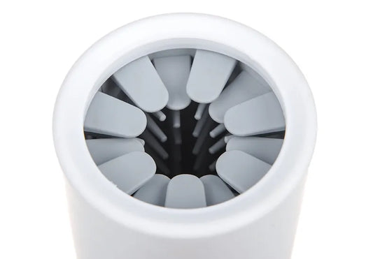 Close-up of soft TPR silicone bristles inside dog paw washer cup for gentle paw cleaning