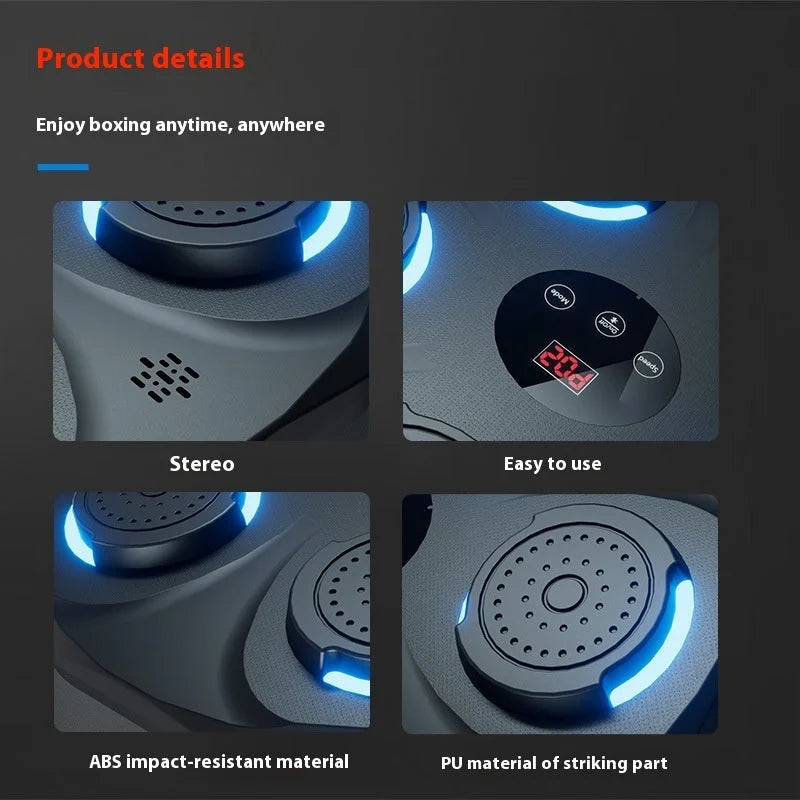 Close-up view of music boxing target showing LED rings, speaker grill, and control panel details