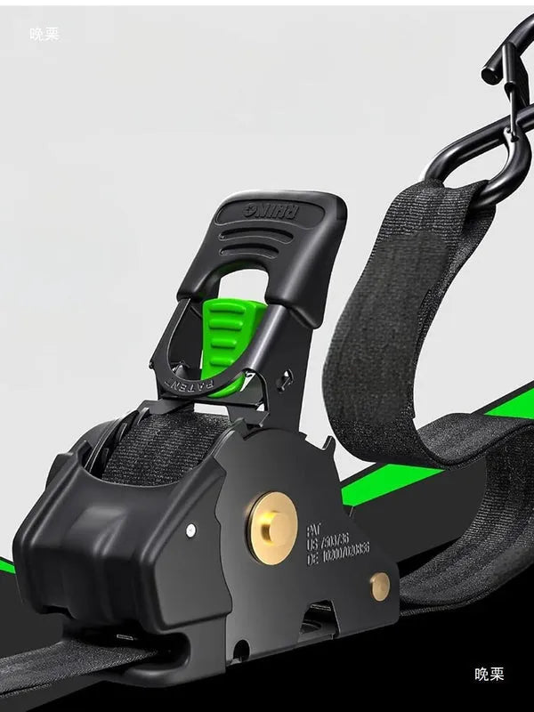 Close up of ratchet strap locking mechanism with one-touch release button, black casing, green trigger detail