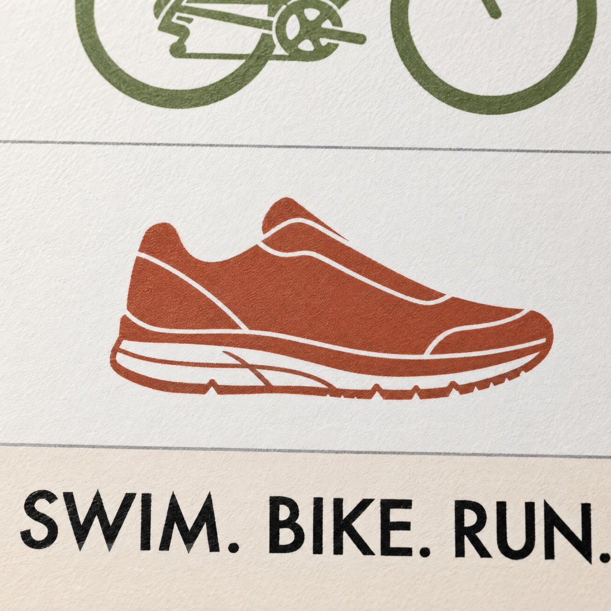 Close up of the rust running shoe icon printed on matte fine art paper, fine grain visible