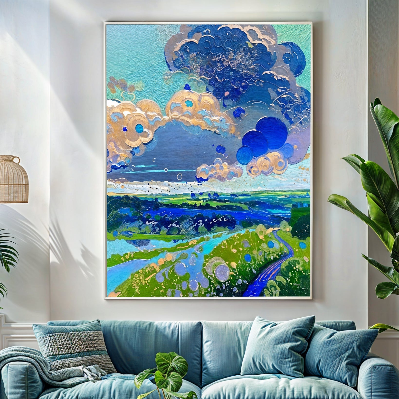 Cloud Dance landscape canvas wall art with dynamic clouds over lush green fields and rivers
