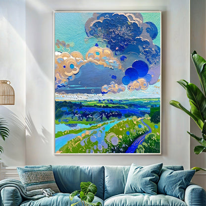 Tall landscape canvas of big blue clouds over a green river valley, hung above a blue sofa with plants