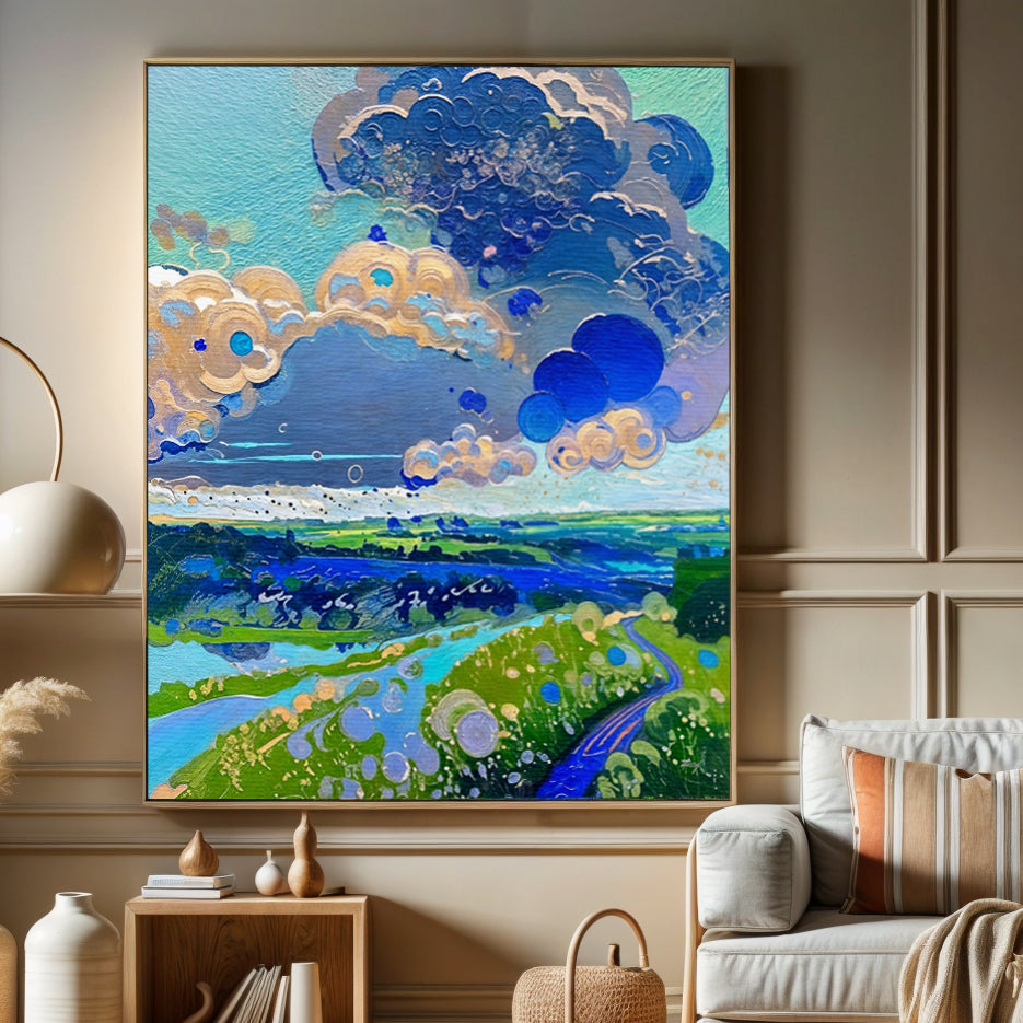 Cloud Dance Landscape Canvas Wall Art Green Fields