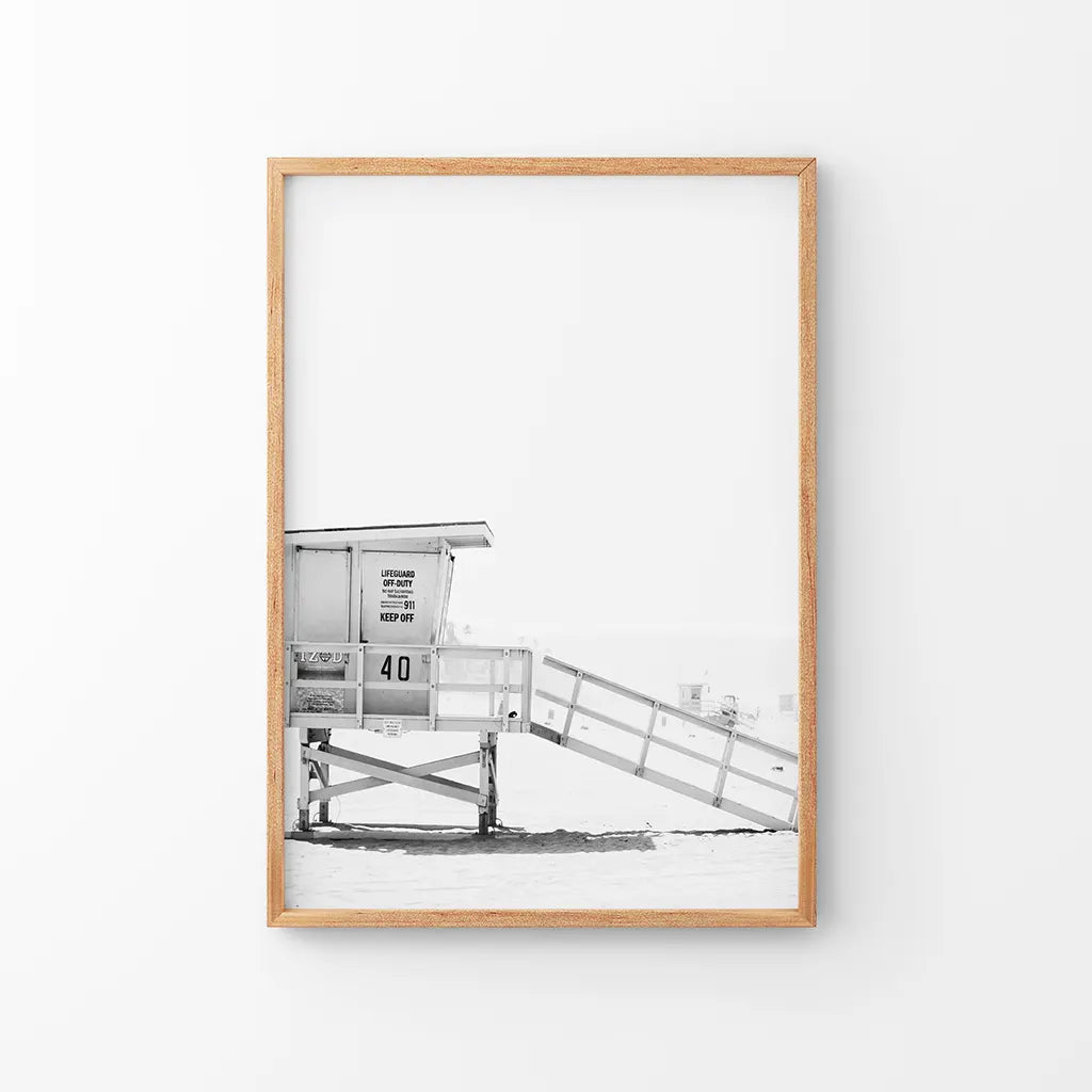 Black and white lifeguard tower coastal wall art poster