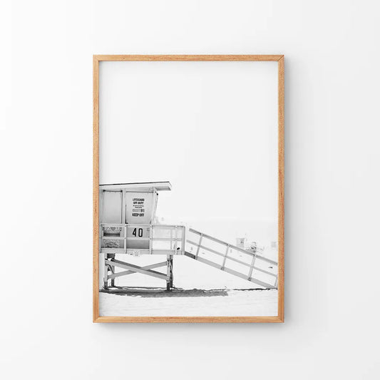Black and white lifeguard tower coastal wall art poster