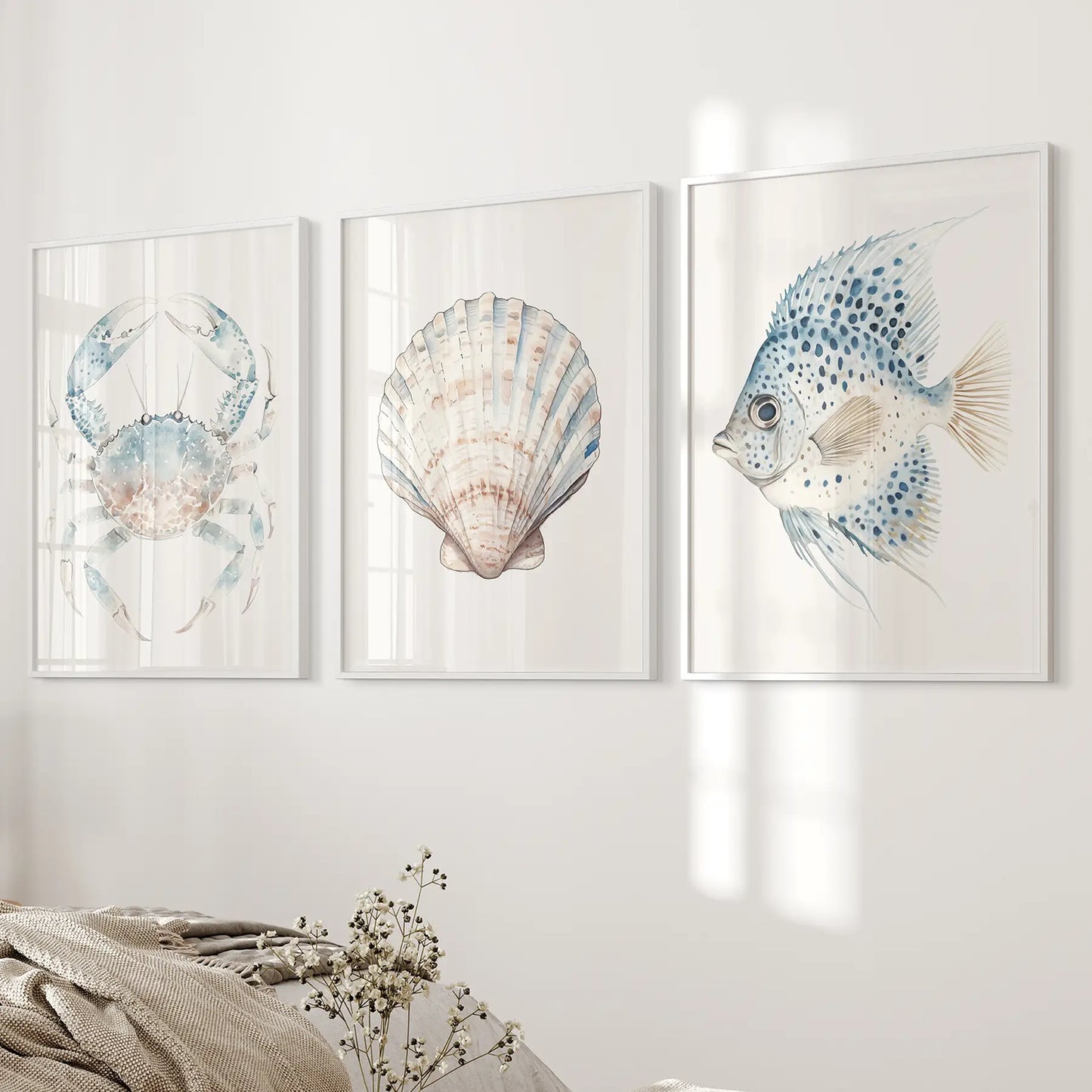 Watercolor Nautical Wall Art Set Crab Shell Fish