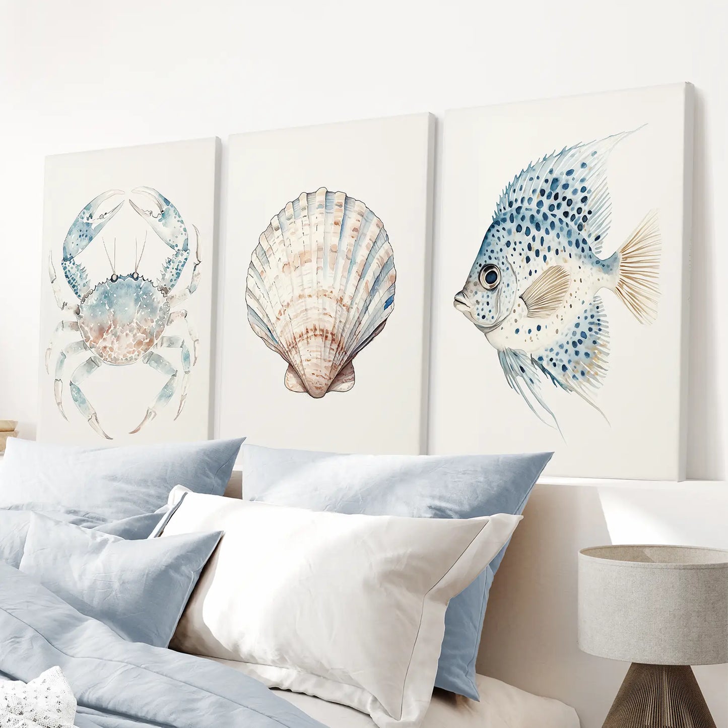 Watercolor Nautical Wall Art Set Crab Shell Fish