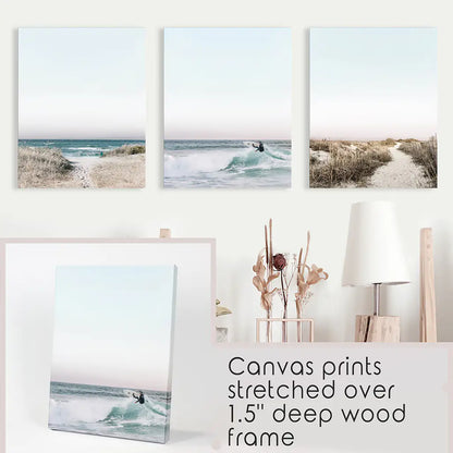 Ocean Surf Wall Art Set, 3 Piece Blue Waves and Beach Path