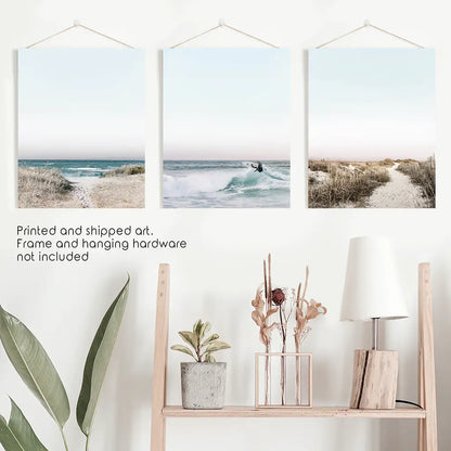 Ocean Surf Wall Art Set, 3 Piece Blue Waves and Beach Path