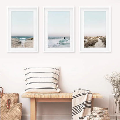 Ocean Surf Wall Art Set, 3 Piece Blue Waves and Beach Path