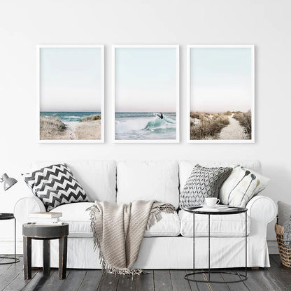 Ocean Surf Wall Art Set, 3 Piece Blue Waves and Beach Path