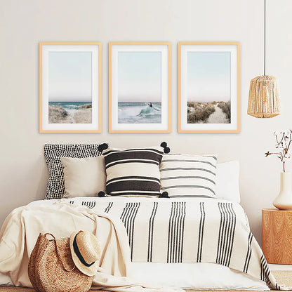 Ocean Surf Wall Art Set, 3 Piece Blue Waves and Beach Path