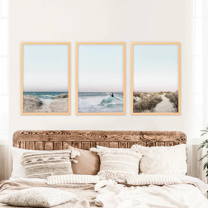 Ocean Surf Wall Art Set, 3 Piece Blue Waves and Beach Path