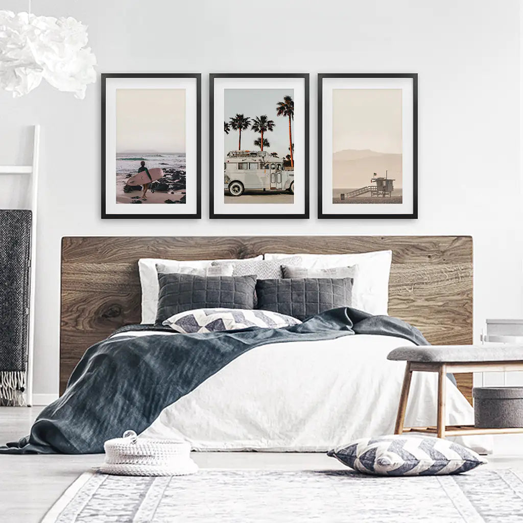 Beige Surf Coastal Wall Art Set of 3 - Surfboard, Ocean, Lifeguard