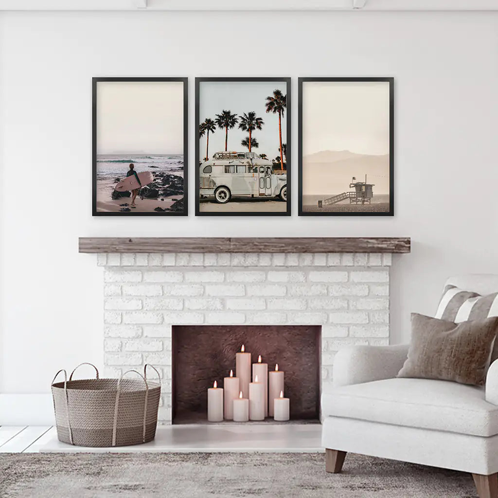Beige Surf Coastal Wall Art Set of 3 - Surfboard, Ocean, Lifeguard