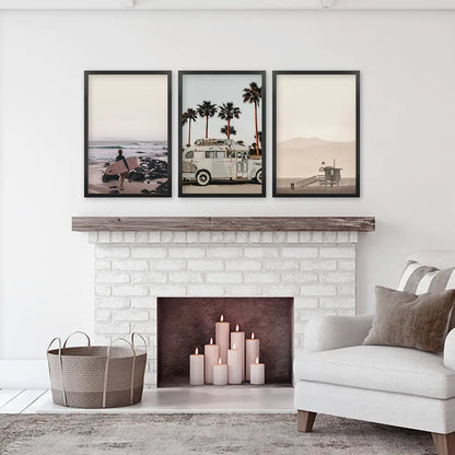 Beige Surf Coastal Wall Art Set of 3 - Surfboard, Ocean, Lifeguard