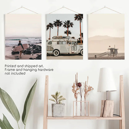 Beige Surf Coastal Wall Art Set of 3 - Surfboard, Ocean, Lifeguard