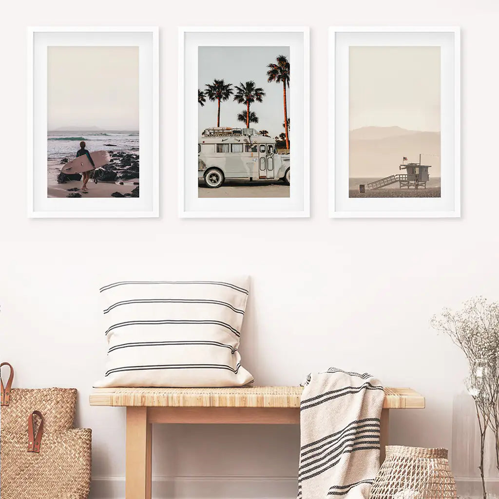 Beige Surf Coastal Wall Art Set of 3 - Surfboard, Ocean, Lifeguard