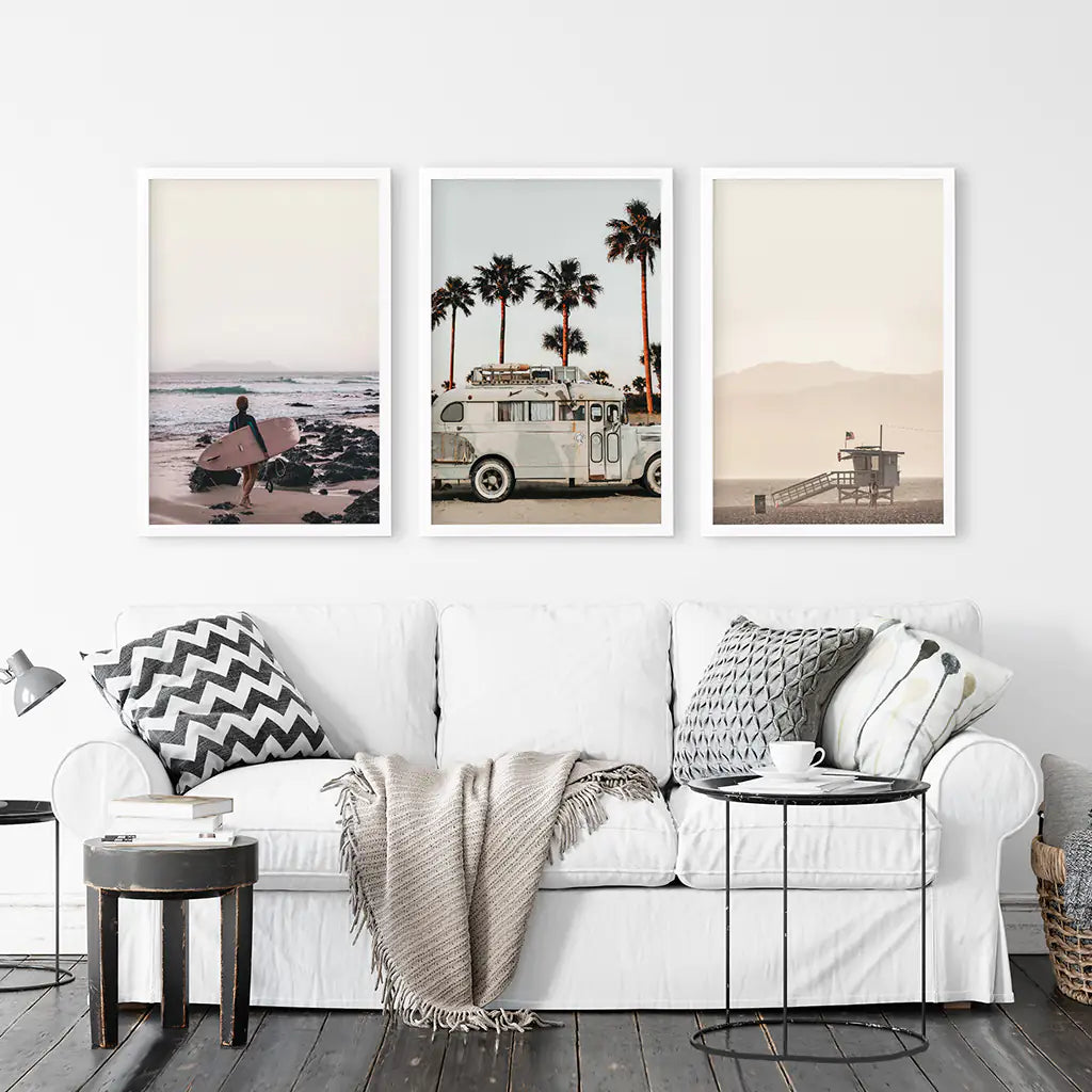 Beige Surf Coastal Wall Art Set of 3 - Surfboard, Ocean, Lifeguard
