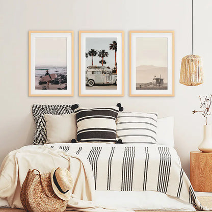 Beige Surf Coastal Wall Art Set of 3 - Surfboard, Ocean, Lifeguard
