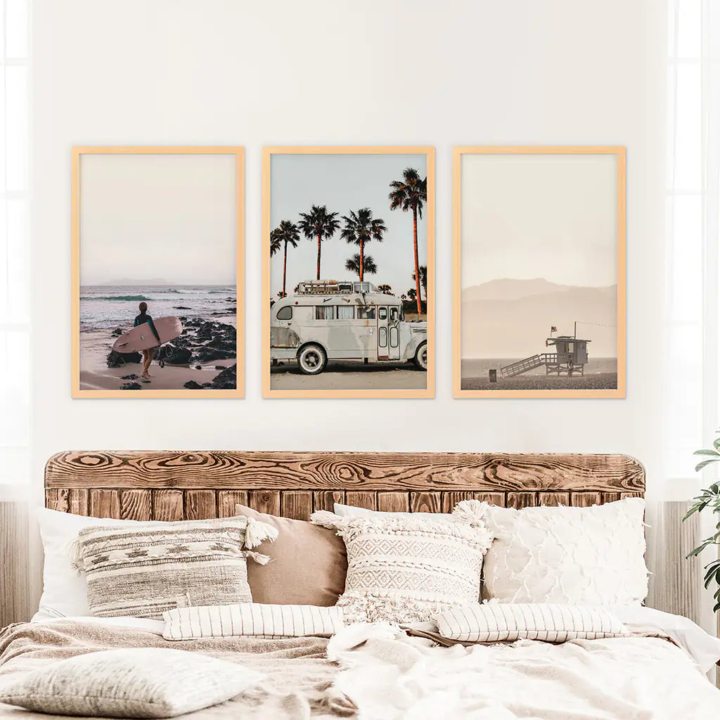Beige Surf Coastal Wall Art Set of 3 - Surfboard, Ocean, Lifeguard