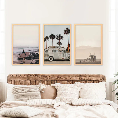 Beige Surf Coastal Wall Art Set of 3 - Surfboard, Ocean, Lifeguard