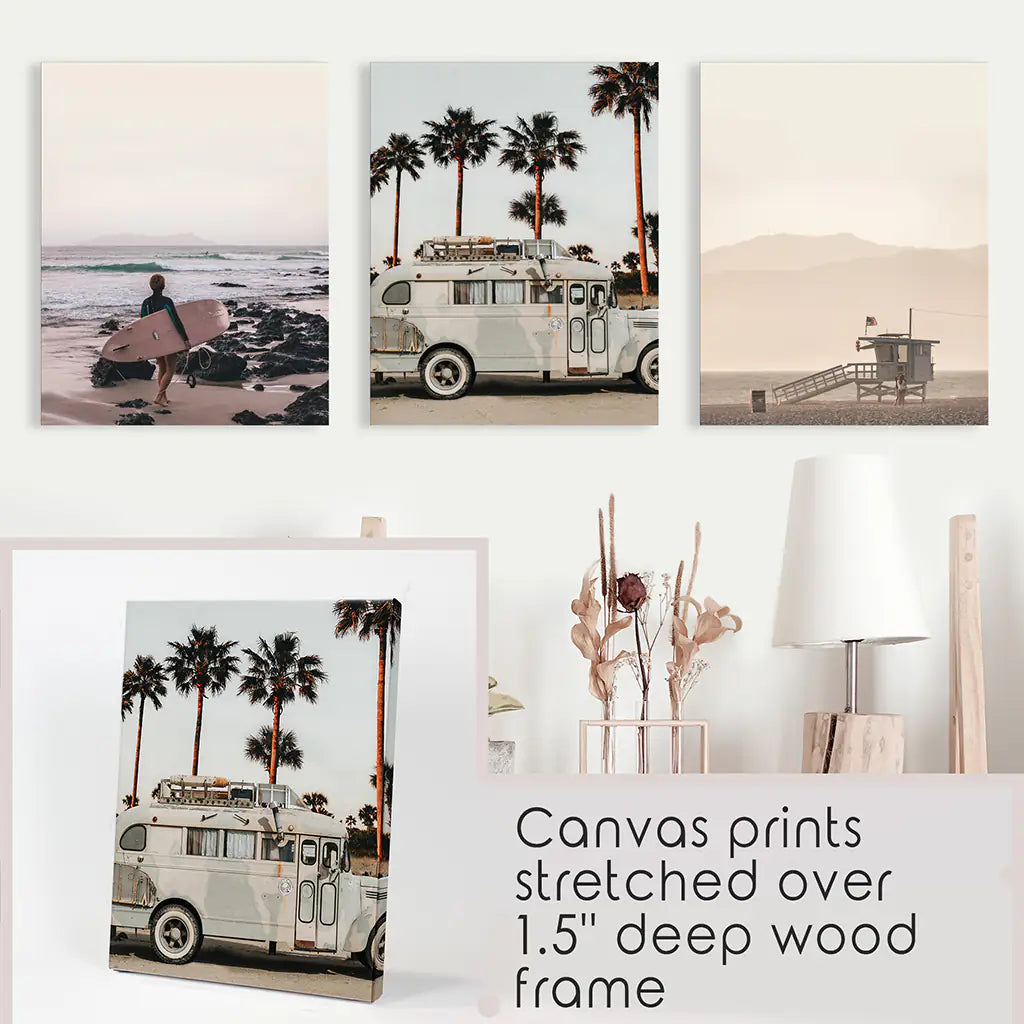 Beige Surf Coastal Wall Art Set of 3 - Surfboard, Ocean, Lifeguard