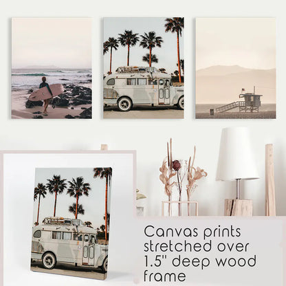 Beige Surf Coastal Wall Art Set of 3 - Surfboard, Ocean, Lifeguard