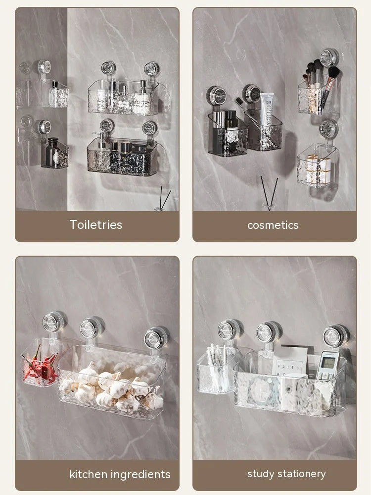 Collage of four suction cup bathroom shelf showing different categories of items on shelves labeled 'Toiletries', 'cosmetics', 'kitchen ingredients', and 'study stationery'.