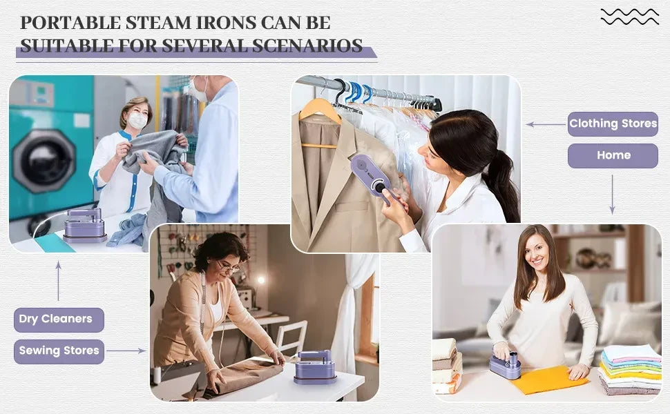 Collage of people using a portable steam iron in various settings.