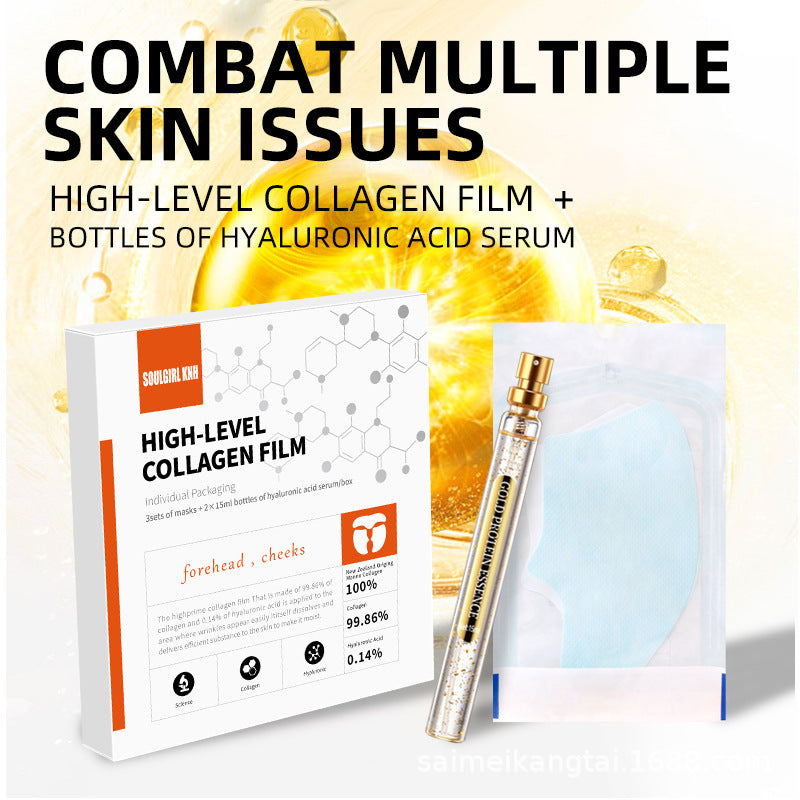 Collagen Glow-Up Mask Set which includes a packaging box with a graphic design, a high-level collagen film, and hyaluronic acid serum in bottles. It is advertised as a combat multiple skin issues solution.