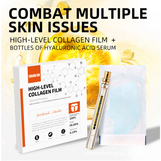 Collagen Glow-Up Mask Set which includes a packaging box with a graphic design, a high-level collagen film, and hyaluronic acid serum in bottles. It is advertised as a combat multiple skin issues solution.