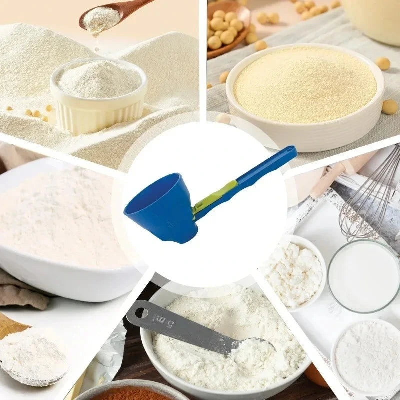 Collection of baking ingredients flour sugar powder with blue measuring funnel scoop kitchen counter