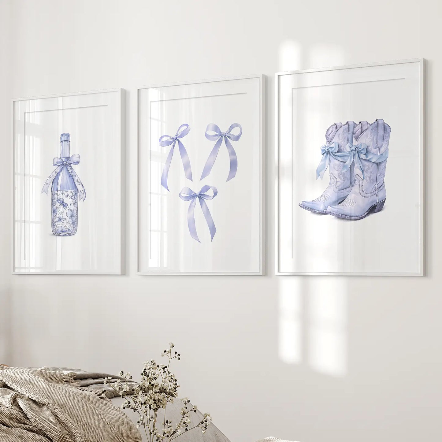 Blue Bows Western Boots Wall Art Set of 3 Prints