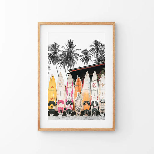 Tropical surfboard wall art print inspired by California beach life