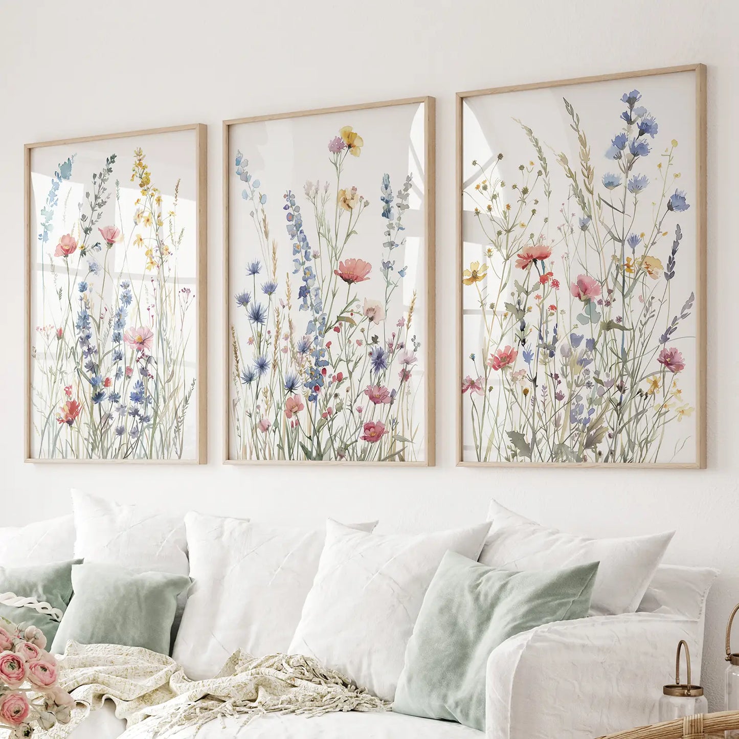 Wildflower watercolor wall art set of 3 pastel botanical prints