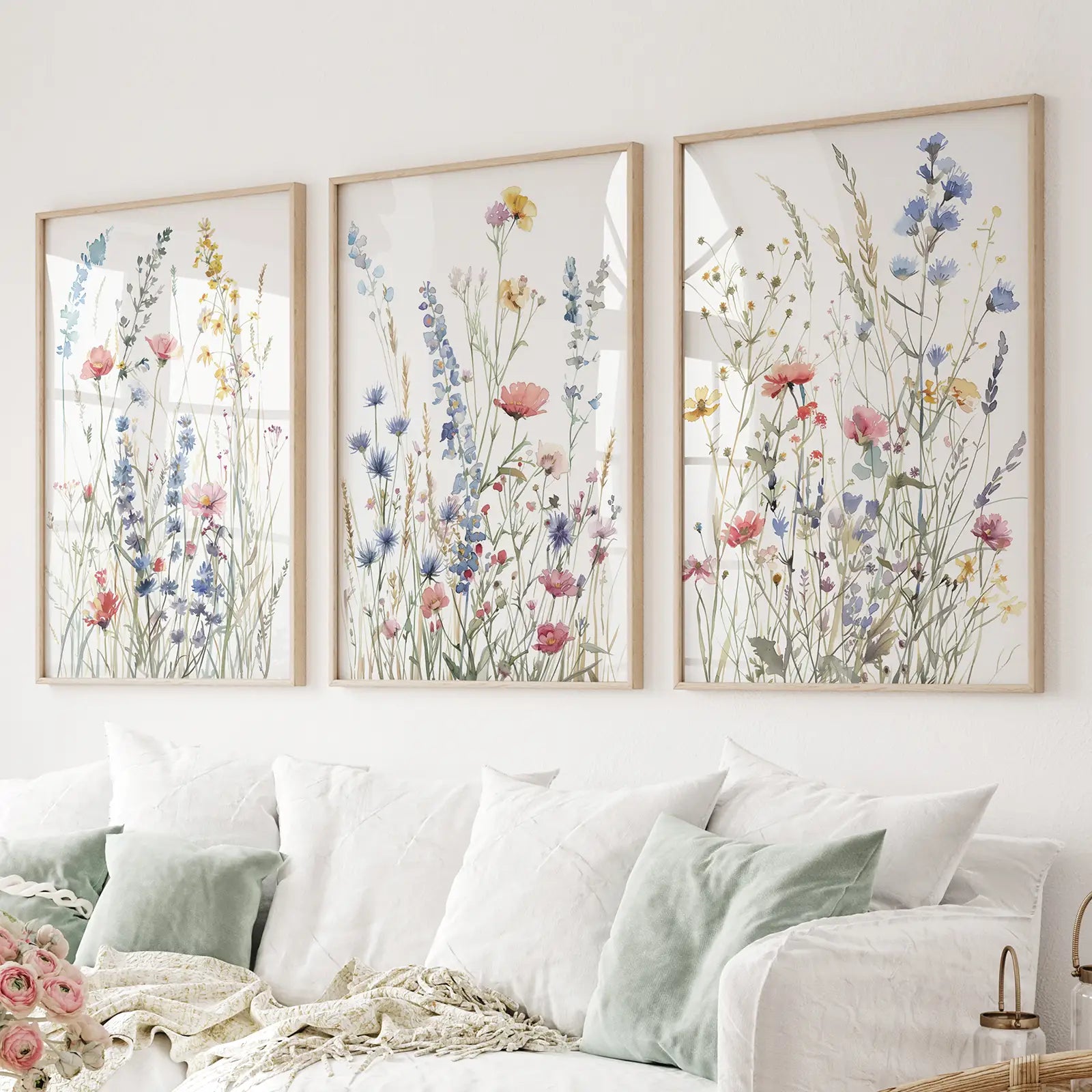 Wildflower watercolor wall art set of 3 pastel botanical prints