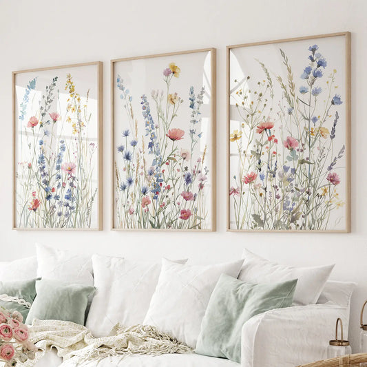 Wildflower watercolor wall art set of 3 pastel botanical prints