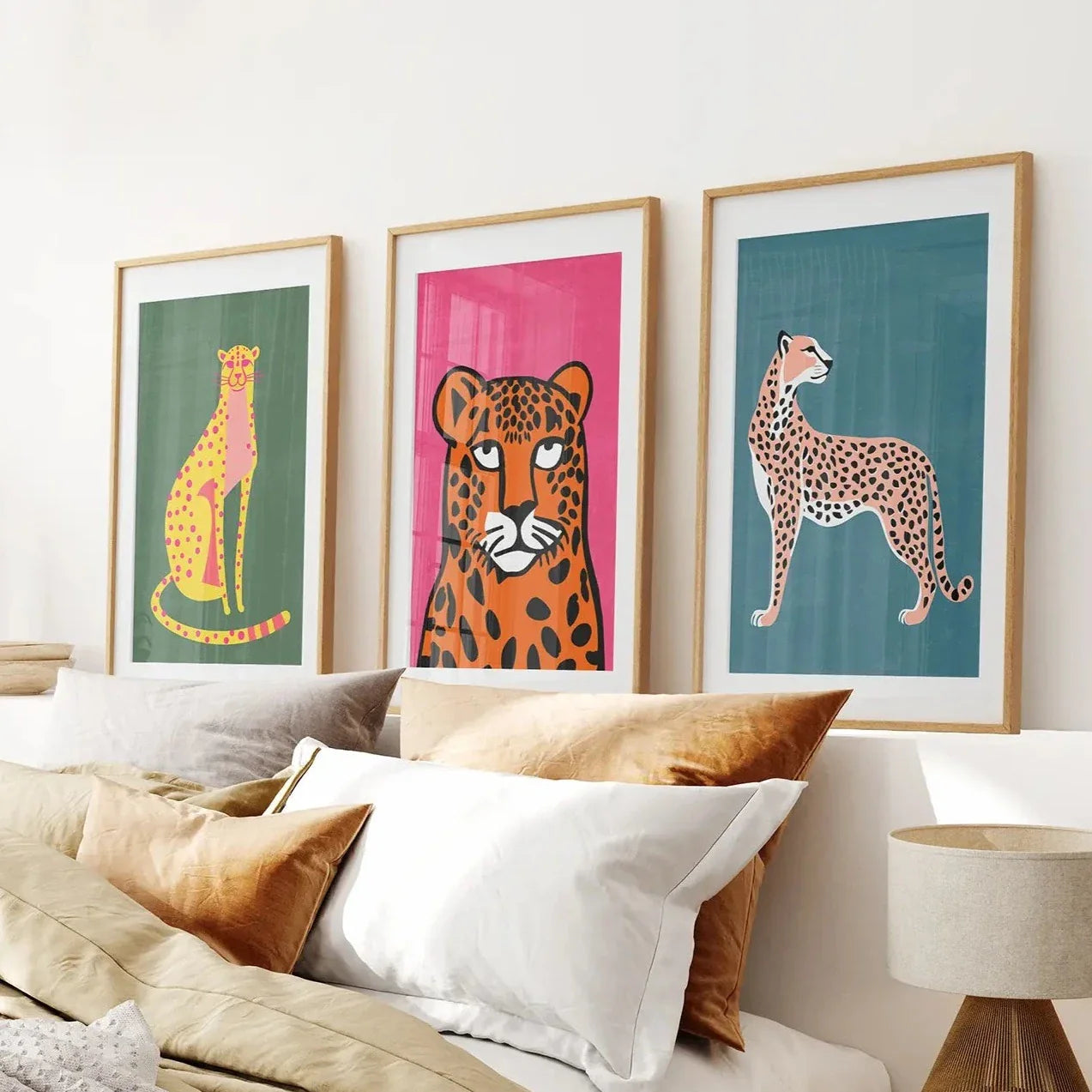 Colorful cheetah print cats wall art set of 3