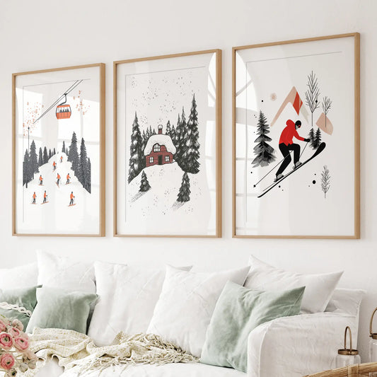Alpine skiing winter wall art set of 3 mountain prints