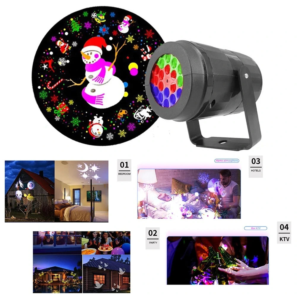 Colorful LED projector with snowman design and various light show images.