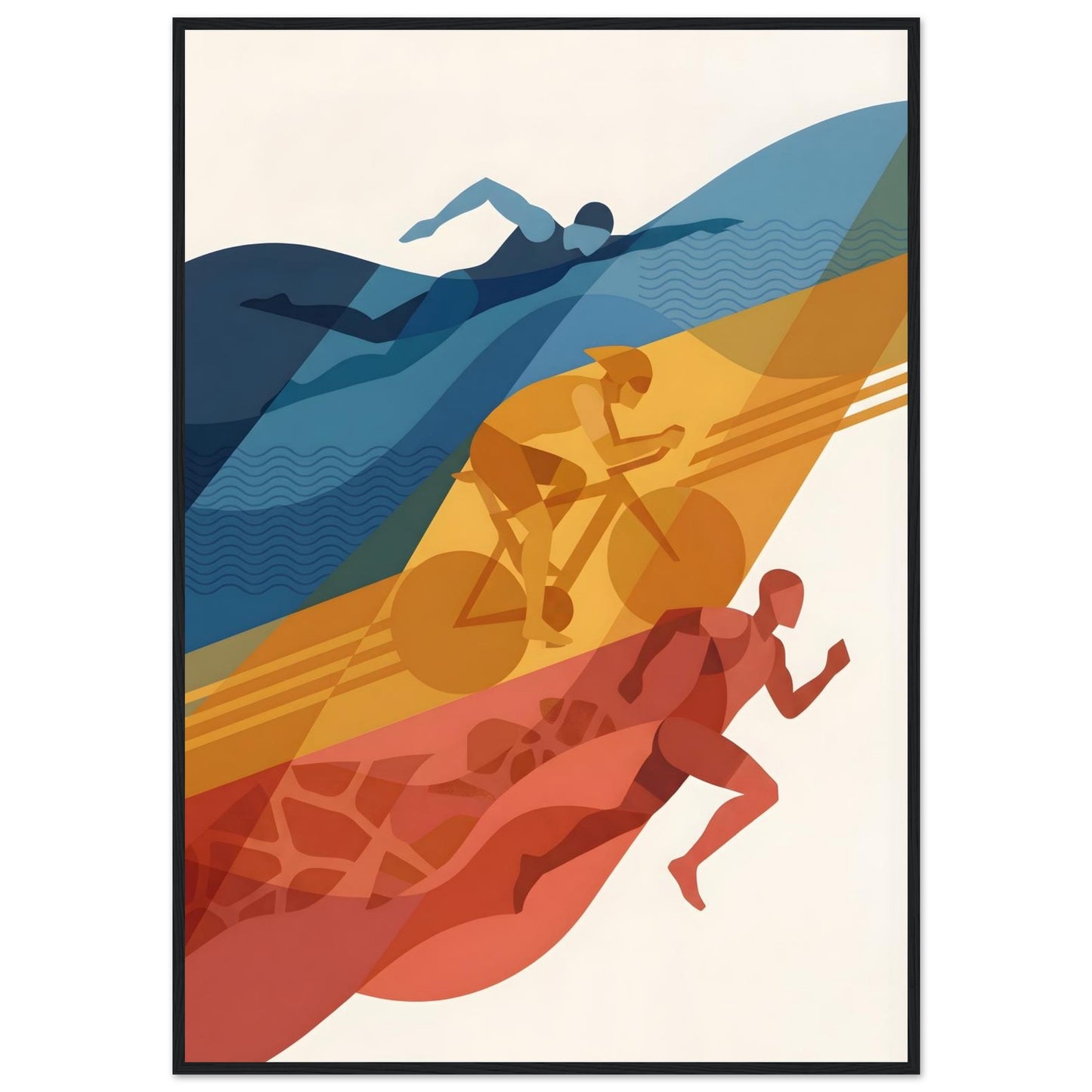 Colorful POSTER of a swimmer, cyclist, and runner on a wave-like background