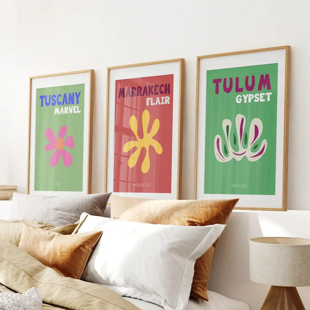 Retro travel wall art set of 3, preppy posters Tulum Tuscany Marrakech