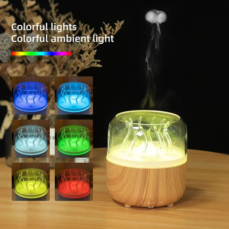 Colorful ambient light humidifier showing RGB color changing modes with jellyfish design and mist output