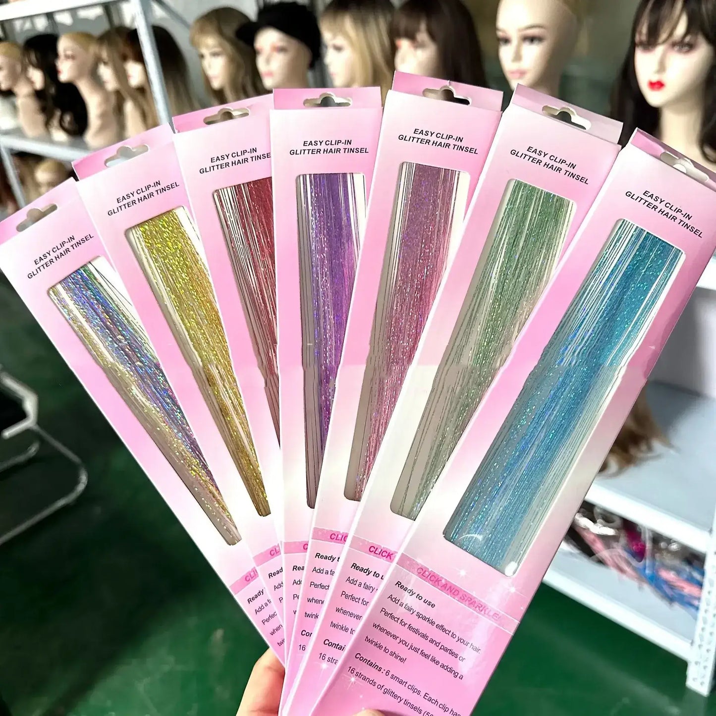 Colorful hair tinsel clips in gold blue pink red silver available at Sparkycare