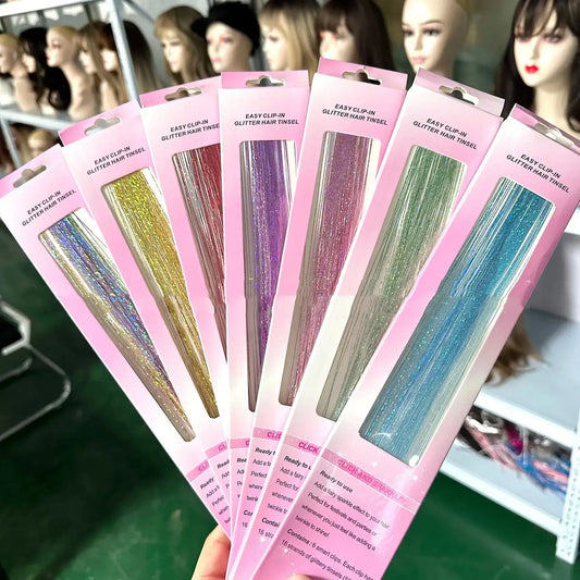 Colorful hair tinsel clips in gold blue pink red silver available at Sparkycare
