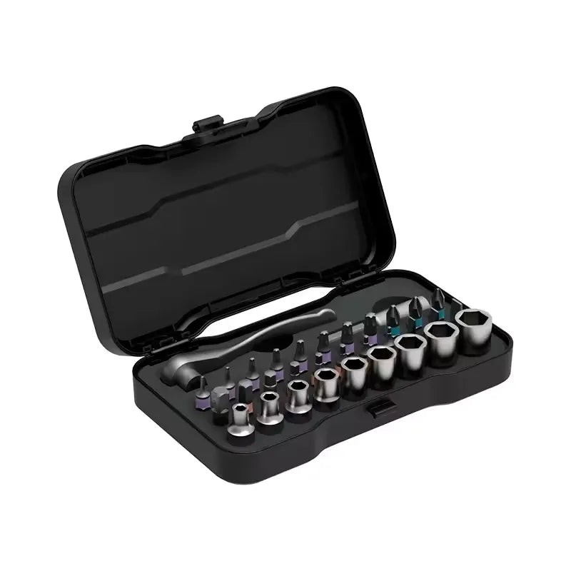 Compact black storage case opened to show organized screwdriver bits
