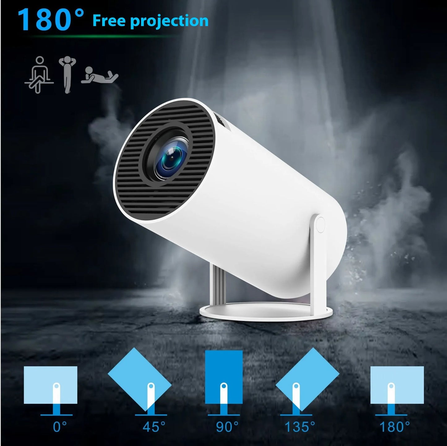 Compact smart projector with 180 degree rotation for ceiling projection
